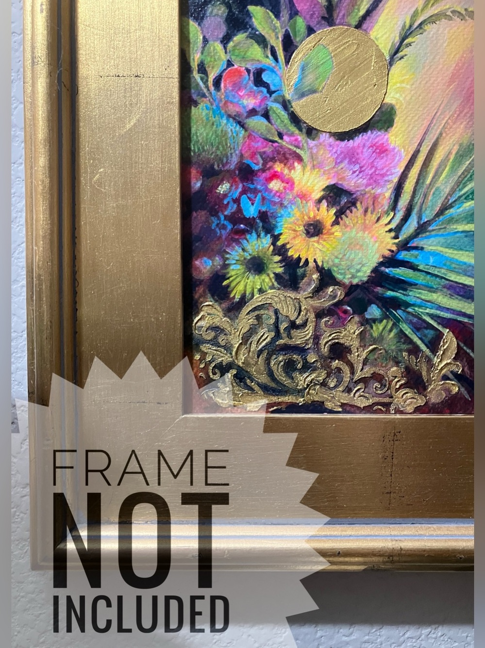 Original floral still life painting insect garden art flower gold accent artwork